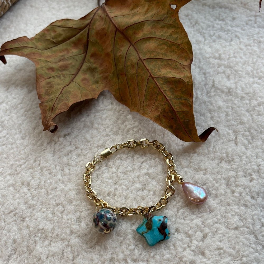 Gold Charm Bracelet with Turquoise and Pearl Accents